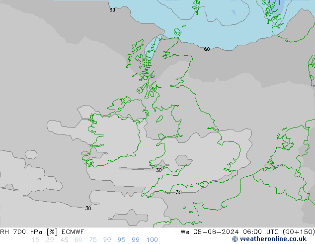 RH 700 hPa ECMWF Qua 05.06.2024 06 UTC