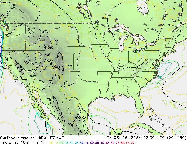 Isotachs (kph) ECMWF  06.06.2024 12 UTC