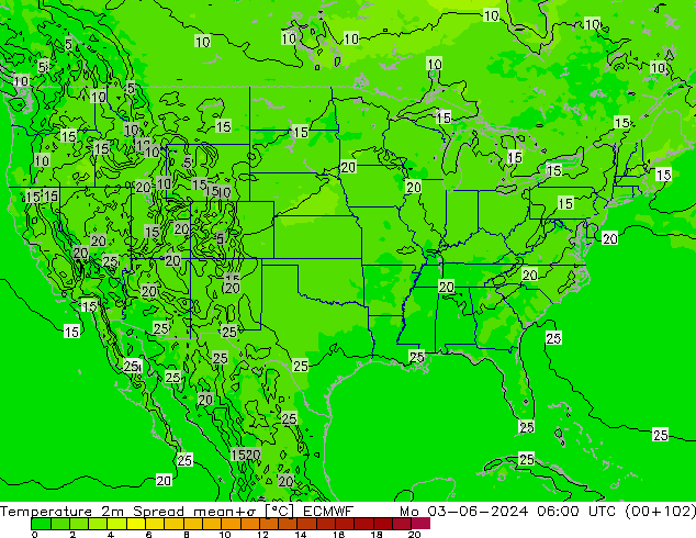 Temperatura 2m Spread ECMWF lun 03.06.2024 06 UTC