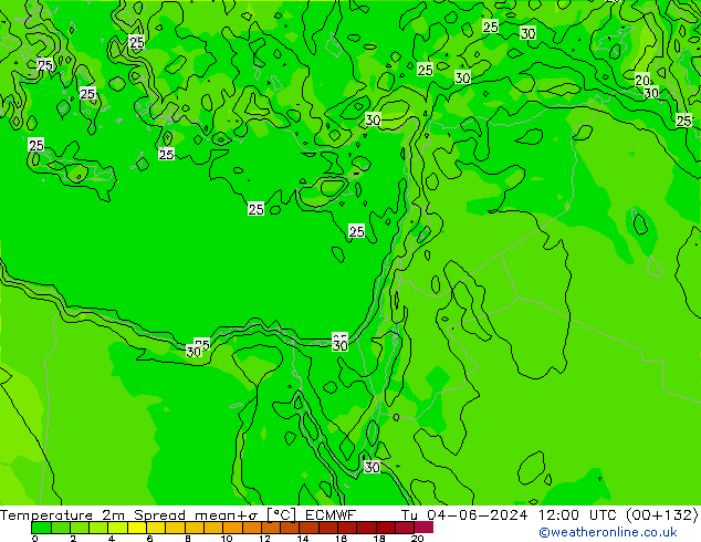 Temperature 2m Spread ECMWF Tu 04.06.2024 12 UTC