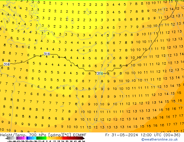 Height/Temp. 700 гПа ECMWF пт 31.05.2024 12 UTC