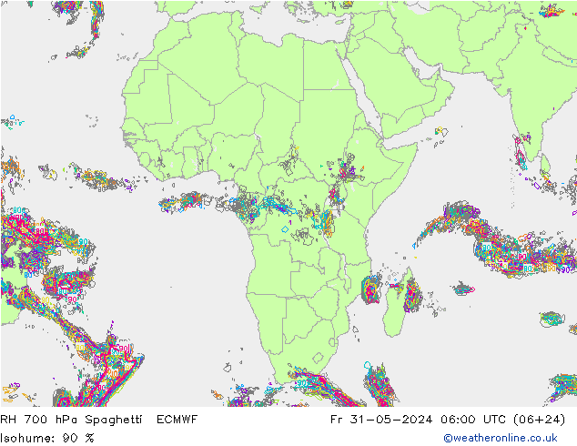 Humidité rel. 700 hPa Spaghetti ECMWF ven 31.05.2024 06 UTC