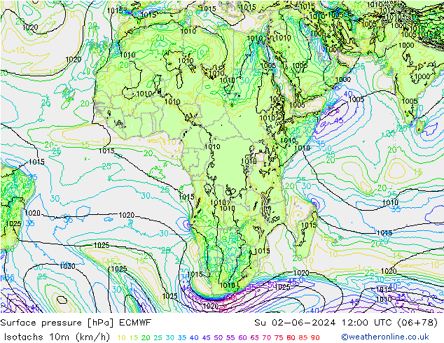 Isotachen (km/h) ECMWF So 02.06.2024 12 UTC