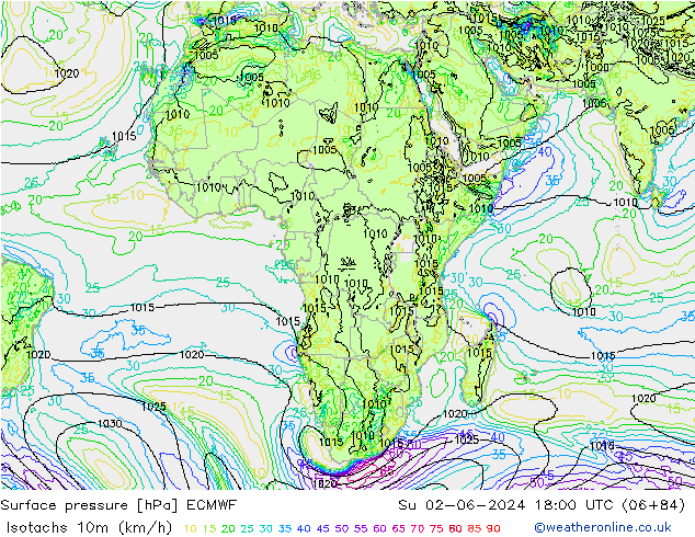 Isotachs (kph) ECMWF  02.06.2024 18 UTC