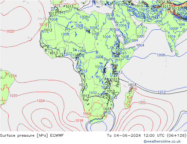 Surface pressure ECMWF Tu 04.06.2024 12 UTC