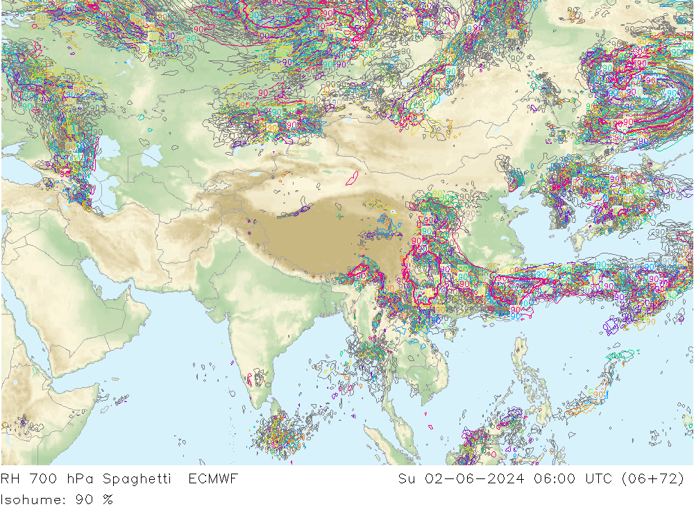 RH 700 hPa Spaghetti ECMWF Su 02.06.2024 06 UTC