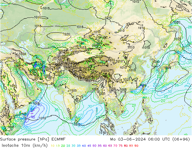 Isotachs (kph) ECMWF lun 03.06.2024 06 UTC