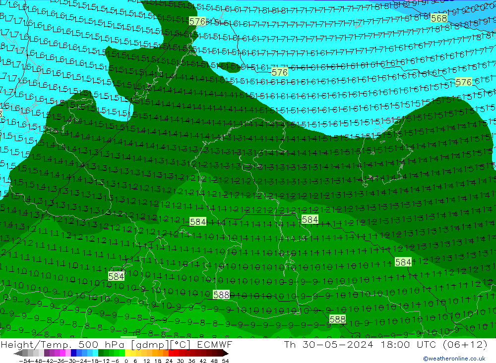 Height/Temp. 500 hPa ECMWF Th 30.05.2024 18 UTC