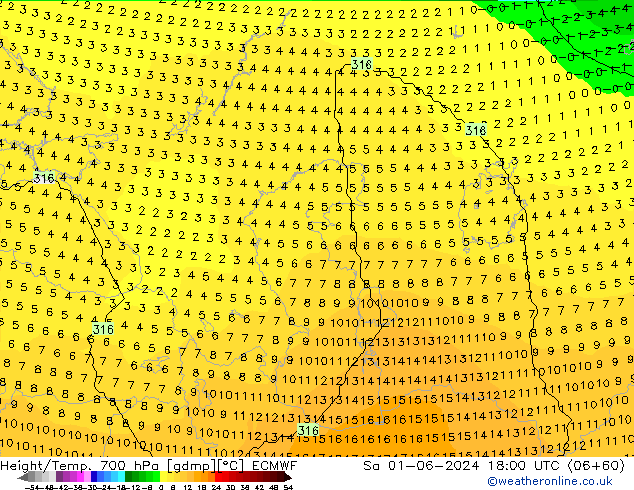 Géop./Temp. 700 hPa ECMWF sam 01.06.2024 18 UTC