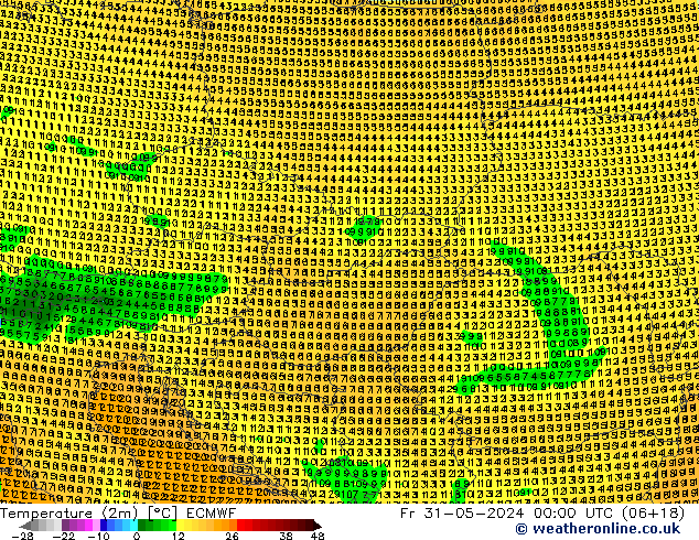 Temperatuurkaart (2m) ECMWF vr 31.05.2024 00 UTC