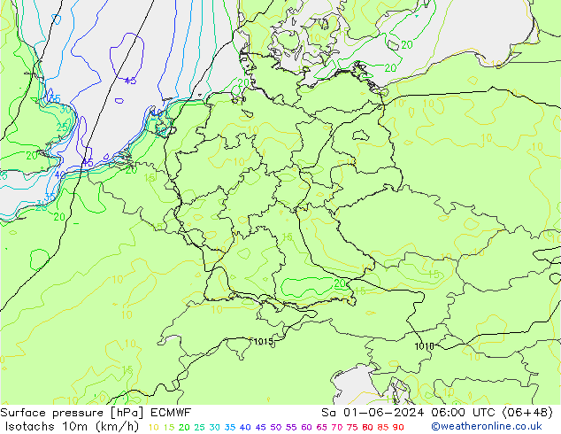 Isotachen (km/h) ECMWF Sa 01.06.2024 06 UTC