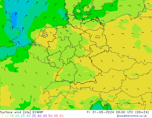 Viento 10 m ECMWF vie 31.05.2024 06 UTC