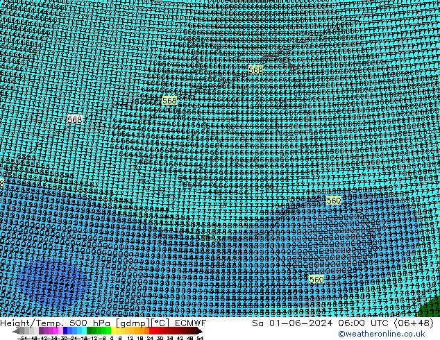 Height/Temp. 500 hPa ECMWF Sa 01.06.2024 06 UTC