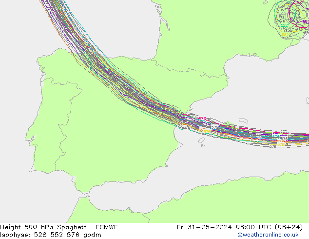 Height 500 hPa Spaghetti ECMWF Fr 31.05.2024 06 UTC