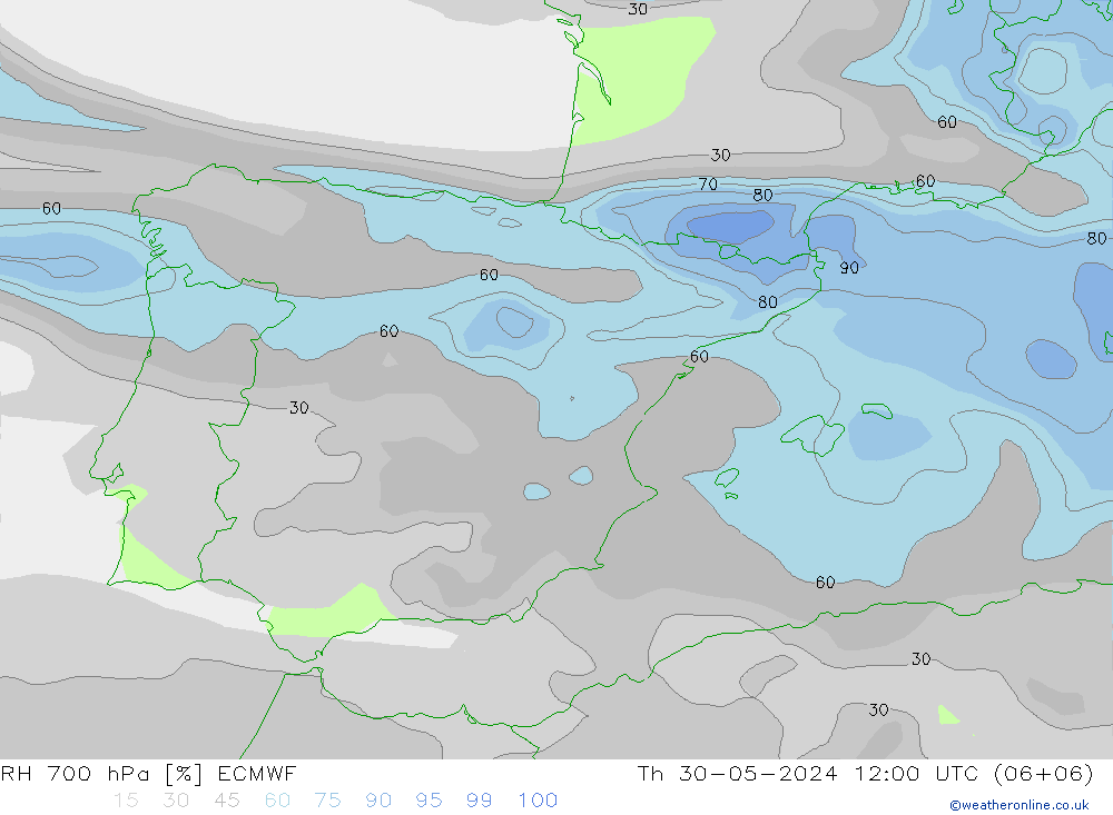 RH 700 hPa ECMWF Qui 30.05.2024 12 UTC