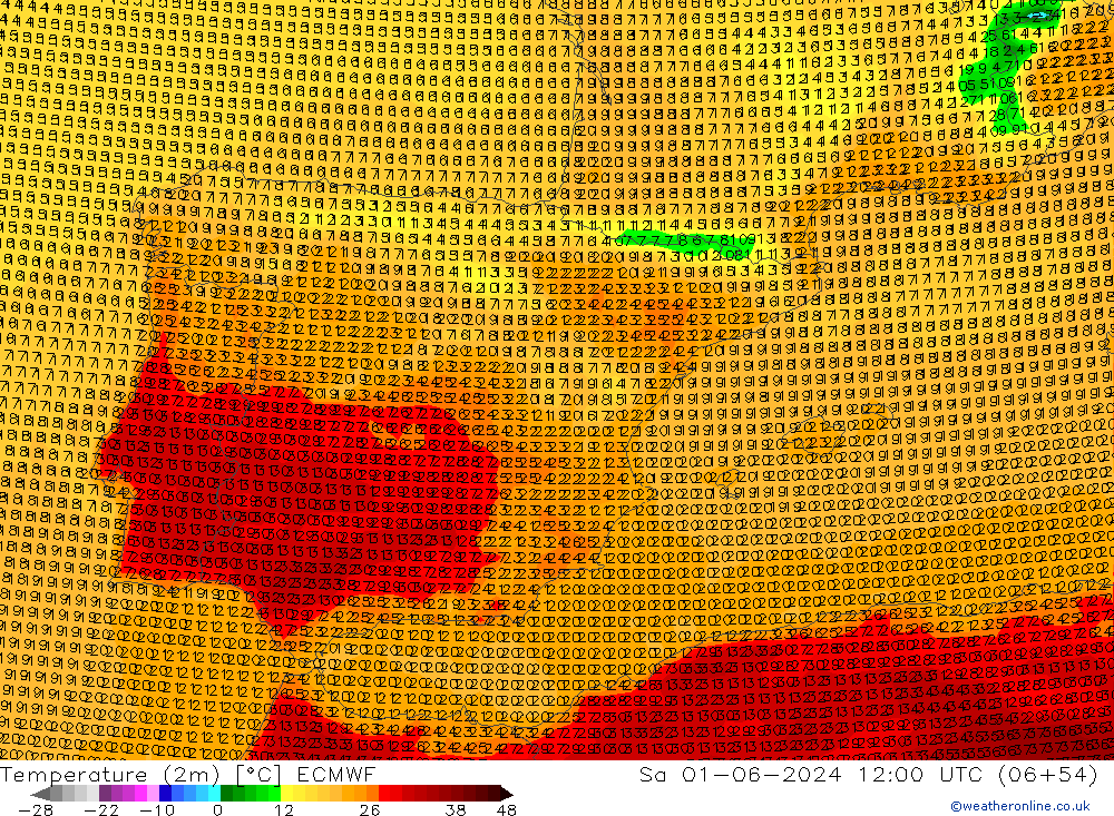 Temperatuurkaart (2m) ECMWF za 01.06.2024 12 UTC