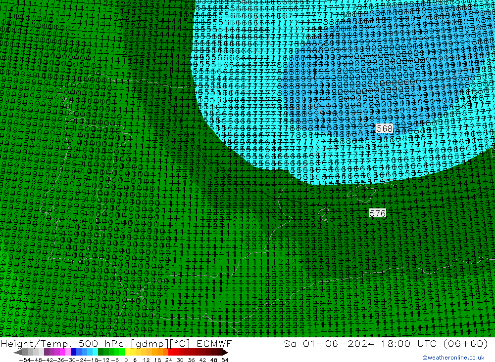 Height/Temp. 500 hPa ECMWF Sa 01.06.2024 18 UTC