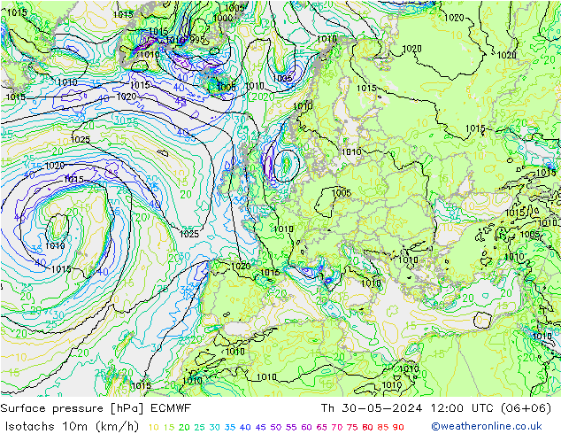 10米等风速线 (kph) ECMWF 星期四 30.05.2024 12 UTC
