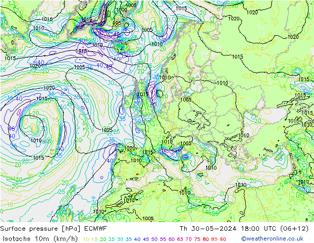 Isotachen (km/h) ECMWF Do 30.05.2024 18 UTC