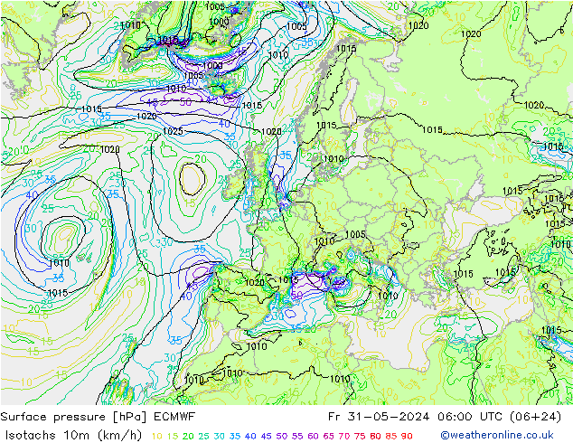 Isotachs (kph) ECMWF Fr 31.05.2024 06 UTC