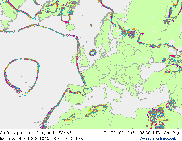 Pressione al suolo Spaghetti ECMWF gio 30.05.2024 06 UTC