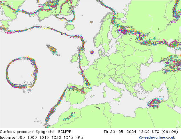 Bodendruck Spaghetti ECMWF Do 30.05.2024 12 UTC
