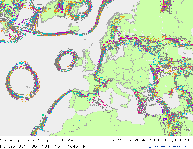 Bodendruck Spaghetti ECMWF Fr 31.05.2024 18 UTC
