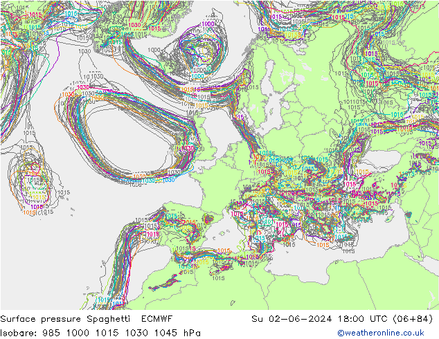 Pressione al suolo Spaghetti ECMWF dom 02.06.2024 18 UTC