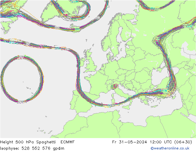 Height 500 hPa Spaghetti ECMWF Fr 31.05.2024 12 UTC