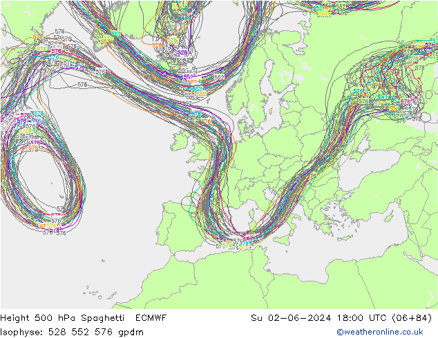 Height 500 hPa Spaghetti ECMWF dom 02.06.2024 18 UTC