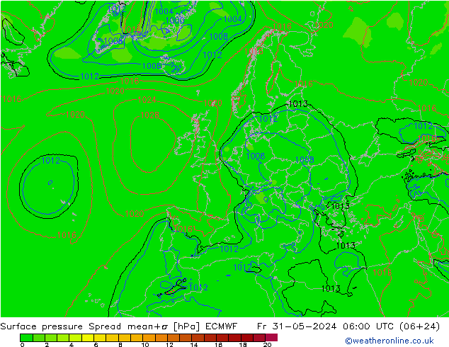 Pressione al suolo Spread ECMWF ven 31.05.2024 06 UTC