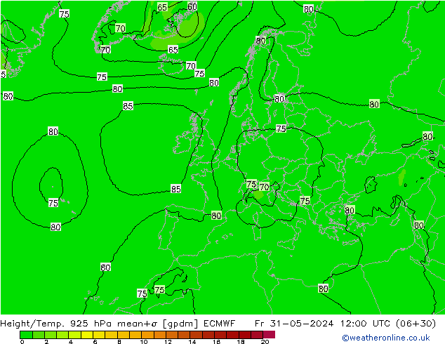 Hoogte/Temp. 925 hPa ECMWF vr 31.05.2024 12 UTC