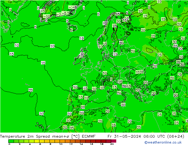 température 2m Spread ECMWF ven 31.05.2024 06 UTC