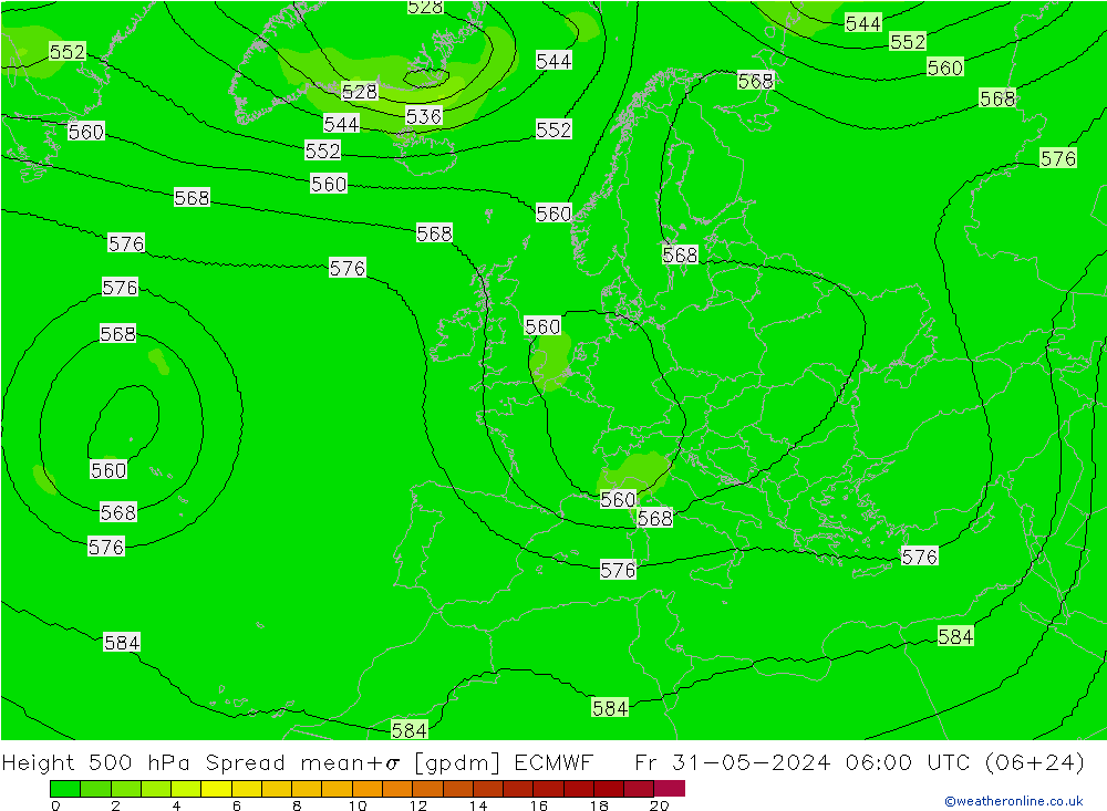 Height 500 hPa Spread ECMWF 星期五 31.05.2024 06 UTC