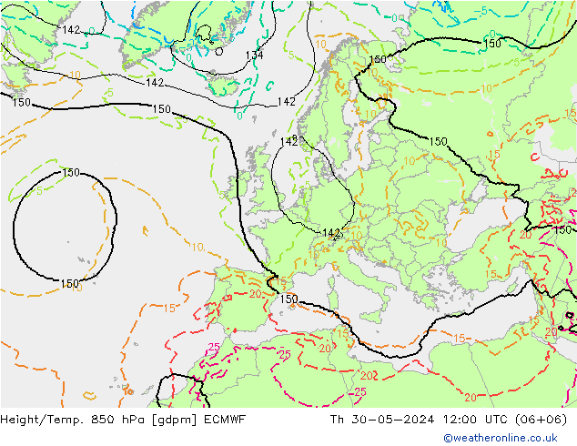 Geop./Temp. 850 hPa ECMWF jue 30.05.2024 12 UTC