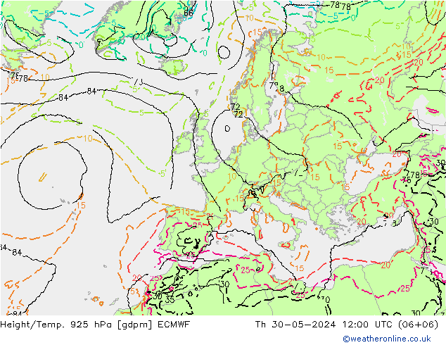 Height/Temp. 925 hPa ECMWF czw. 30.05.2024 12 UTC