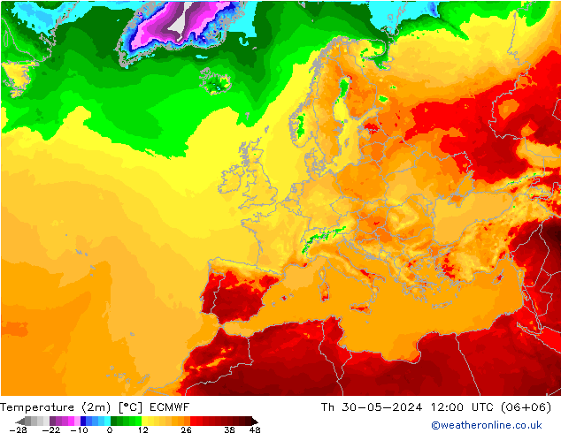 Temperaturkarte (2m) ECMWF Do 30.05.2024 12 UTC