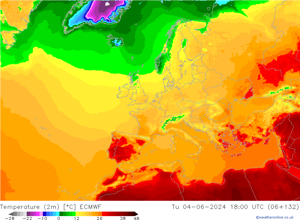 mapa temperatury (2m) ECMWF wto. 04.06.2024 18 UTC