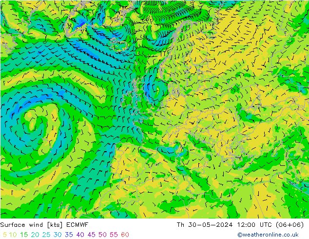 wiatr 10 m ECMWF czw. 30.05.2024 12 UTC