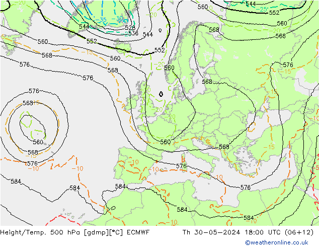 Geop./Temp. 500 hPa ECMWF jue 30.05.2024 18 UTC