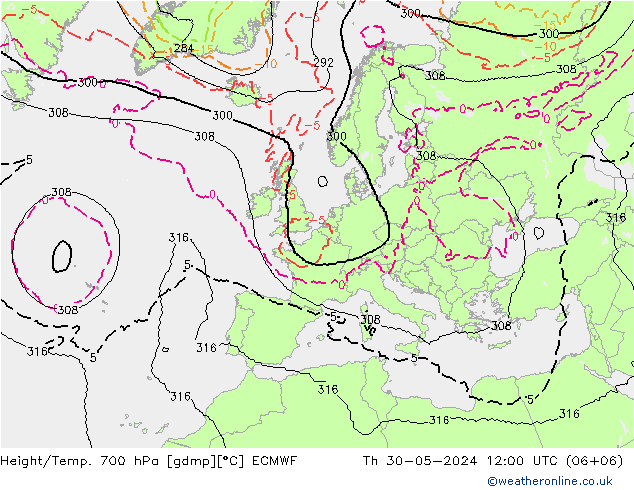 Height/Temp. 700 hPa ECMWF Qui 30.05.2024 12 UTC