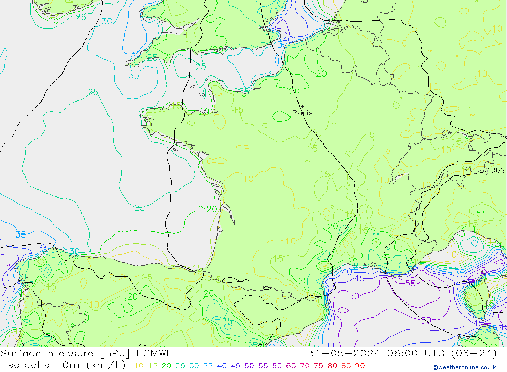Isotachs (kph) ECMWF ven 31.05.2024 06 UTC