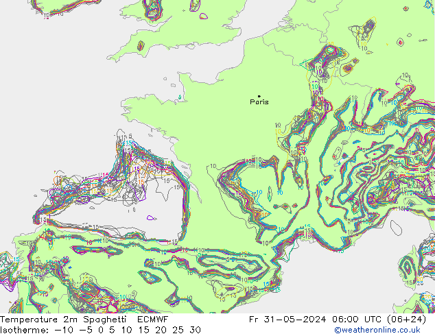 Temperature 2m Spaghetti ECMWF Fr 31.05.2024 06 UTC