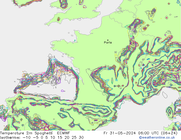 Temperatura 2m Spaghetti ECMWF ven 31.05.2024 06 UTC