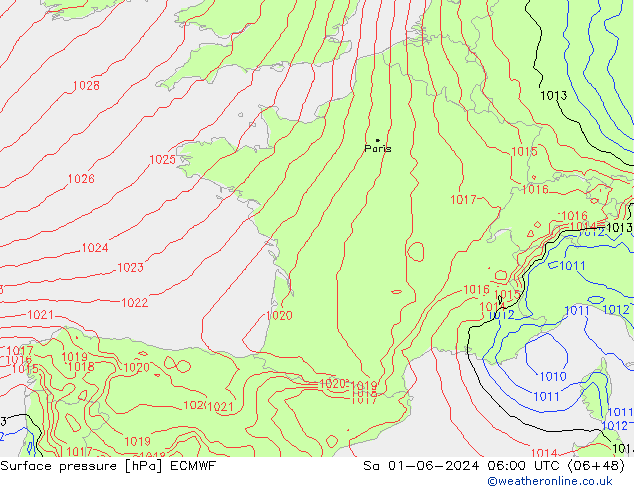 Surface pressure ECMWF Sa 01.06.2024 06 UTC