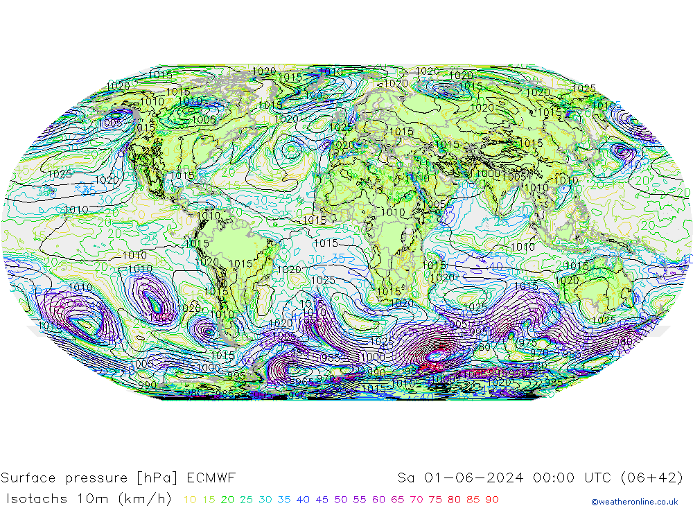 Eşrüzgar Hızları (km/sa) ECMWF Cts 01.06.2024 00 UTC