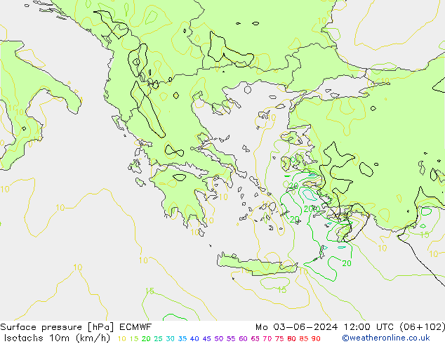 Isotachs (kph) ECMWF Mo 03.06.2024 12 UTC