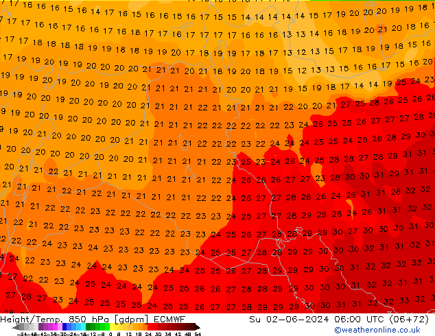 Hoogte/Temp. 850 hPa ECMWF zo 02.06.2024 06 UTC