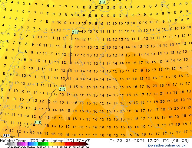 Height/Temp. 700 hPa ECMWF Th 30.05.2024 12 UTC