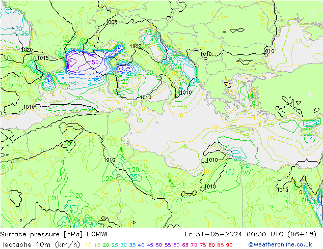 Isotachen (km/h) ECMWF Fr 31.05.2024 00 UTC